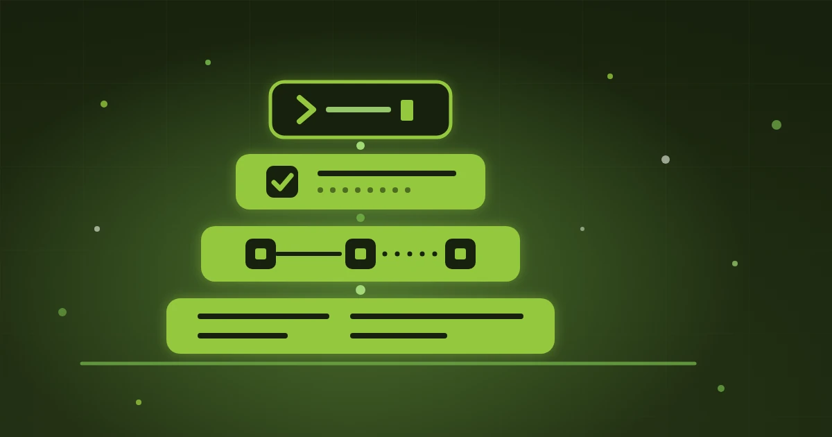Four stacked rounded slabs on a dark green ground; the lower three are solid bright green, and the top one is a dark tile outlined in green holding a prompt chevron, a line, and a cursor