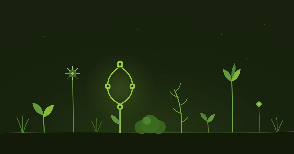 A row of different stylized green plants growing from shared ground on a dark green background, the UseArazzo fork mark growing among them as one of the plants