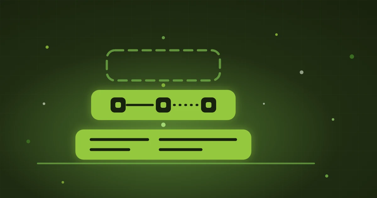 Three stacked rounded slabs on a dark green ground; the bottom two are solid bright green and lit, the middle one holding three square nodes joined by a solid and a dotted line, and the top one is a dashed outline