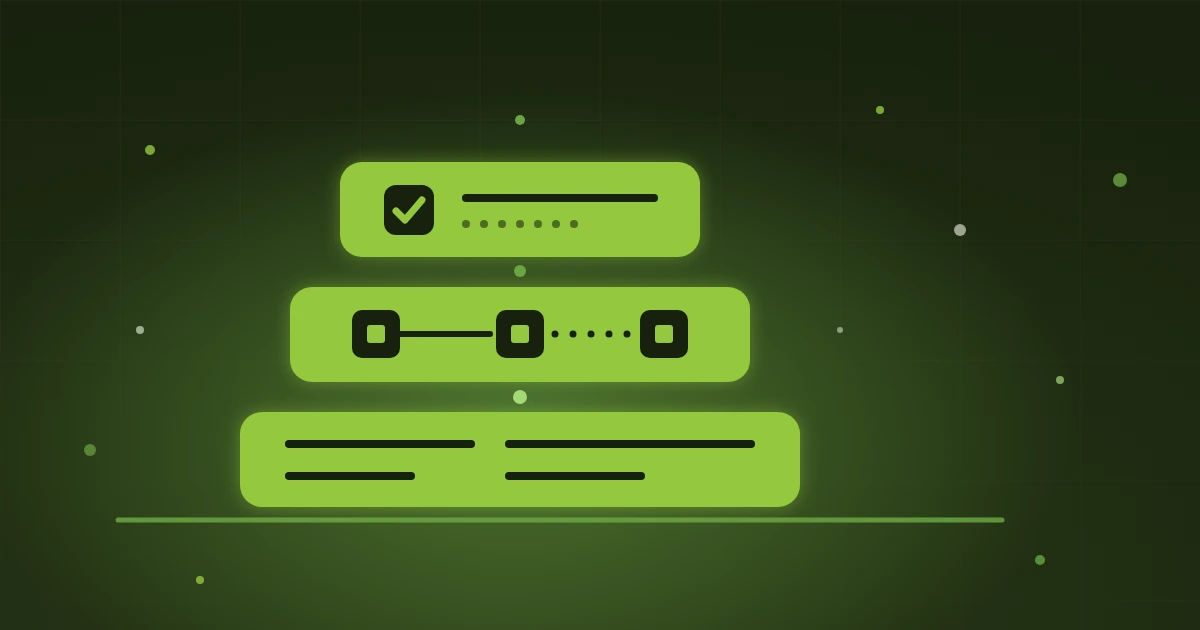 Three stacked rounded slabs on a dark green ground, all three solid bright green and lit; the top one holds a check mark beside a solid line and a dotted line